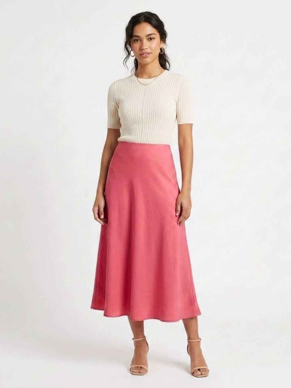 Talbots Italian Fabric Linen Blend Watermelon Pink A-Line Midi Skirt EUC Size 10